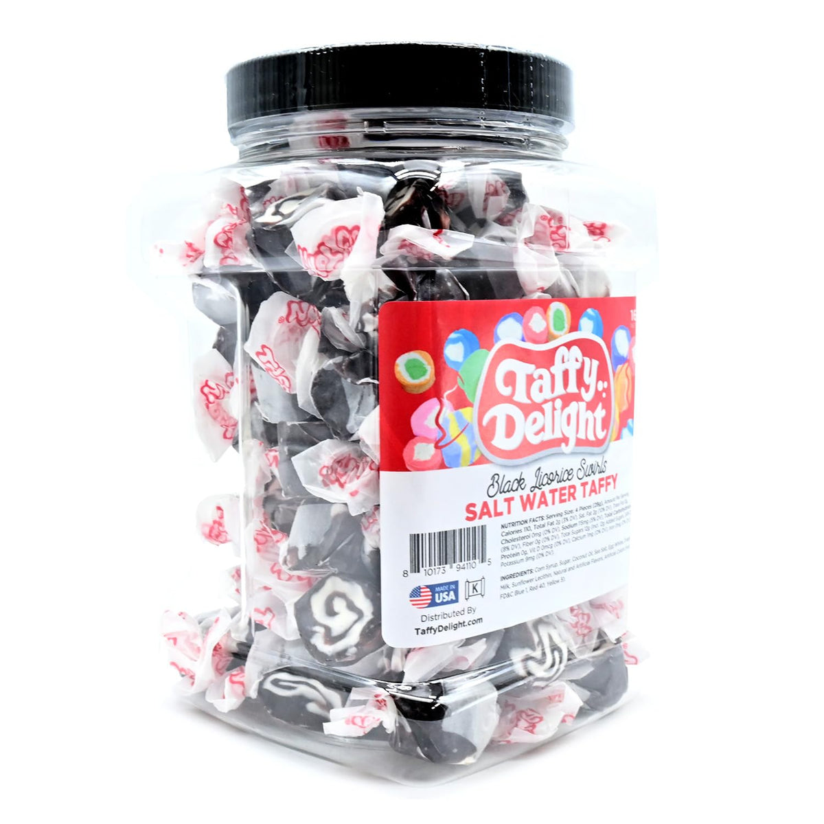 Taffy Delight Black Licorice Swirls Salt Water Taffy 16oz Jar