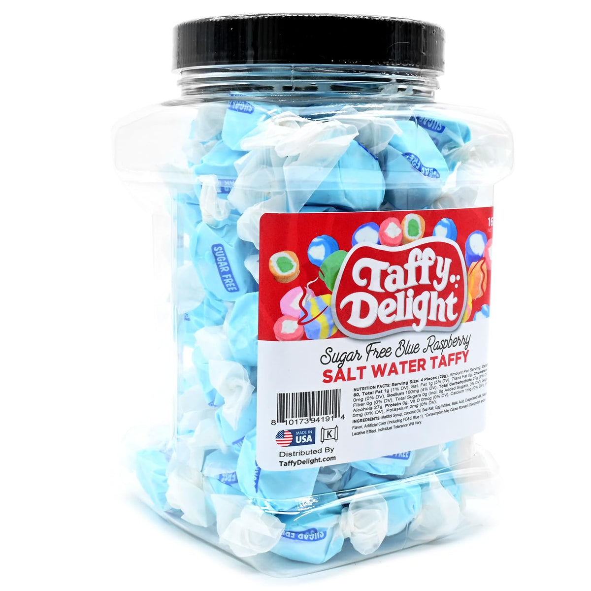 Taffy Delight Sugar Free Blue Raspberry Salt Water Taffy 16oz Jar