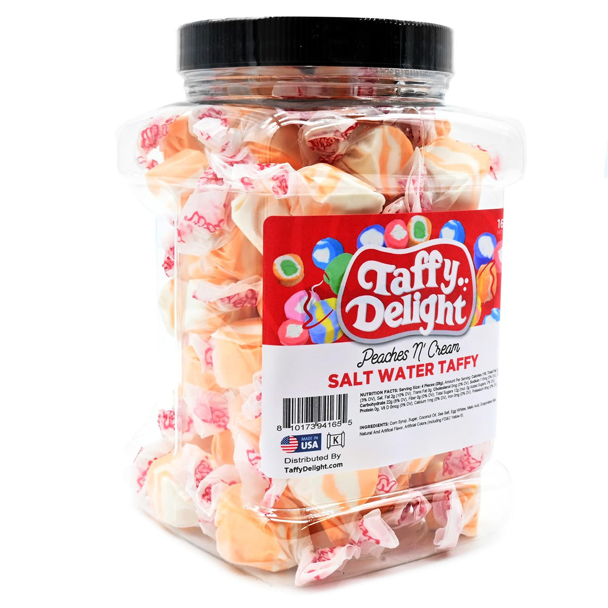 Taffy Delight Peaches n Cream Flavored Salt Water Taffy 16oz Jar