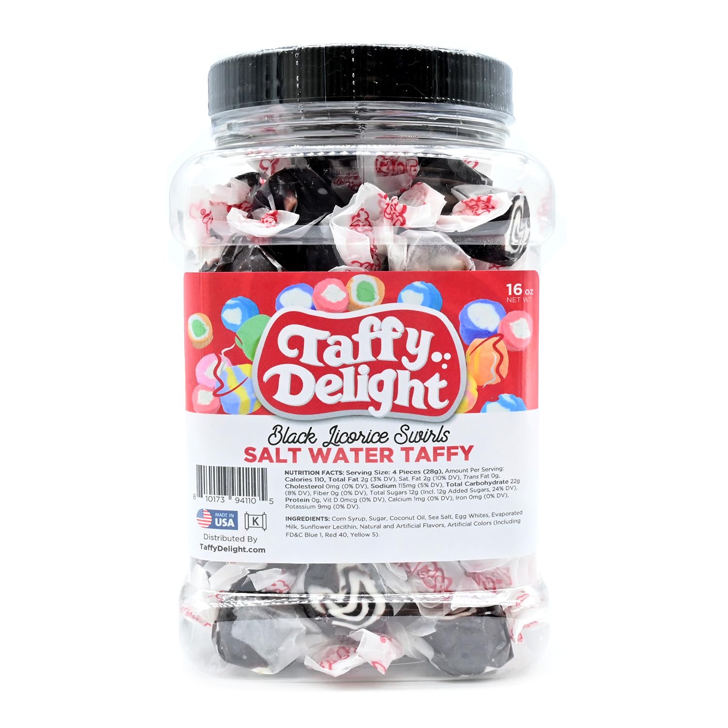 Taffy Delight Black Licorice Swirls Salt Water Taffy 16oz Jar