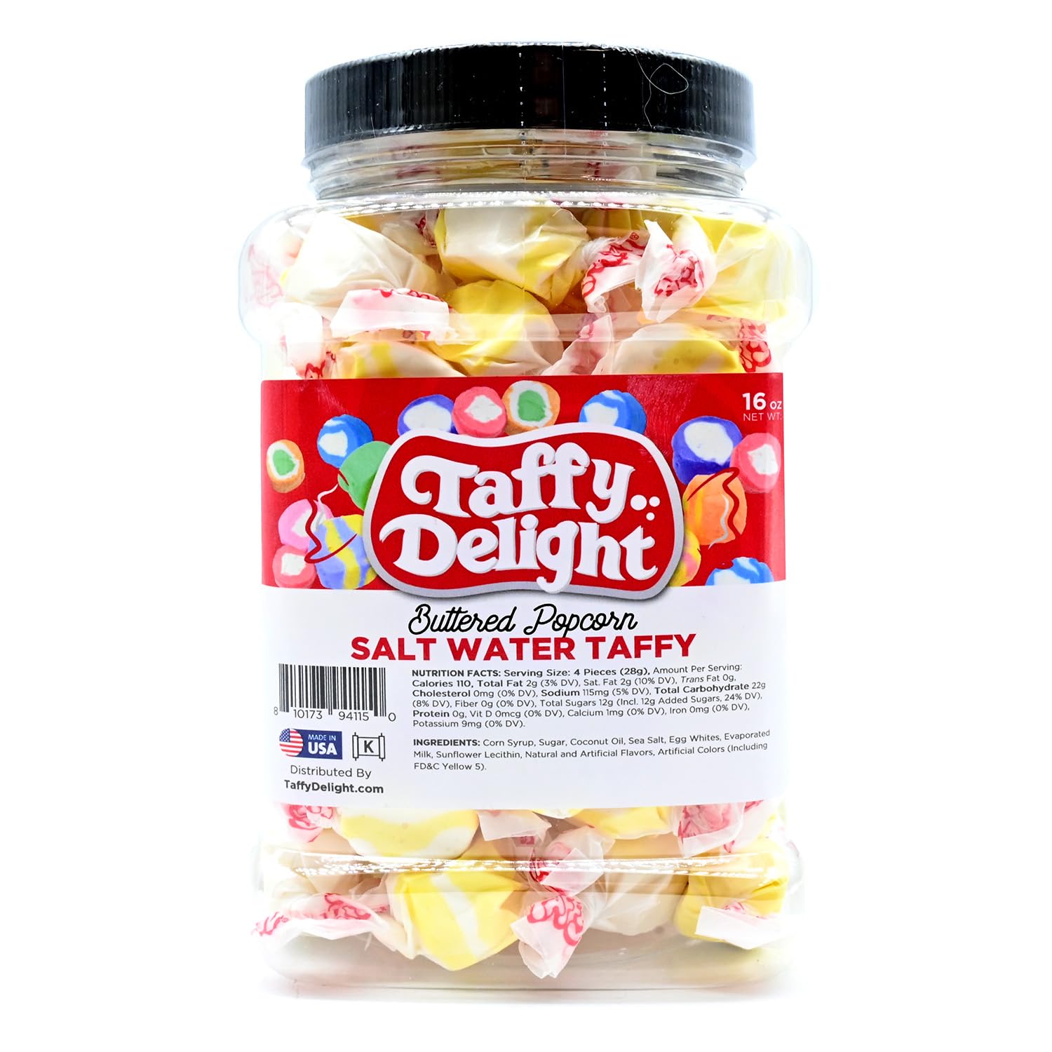 Taffy Delight Buttered Popcorn Salt Water Taffy 16oz Jar