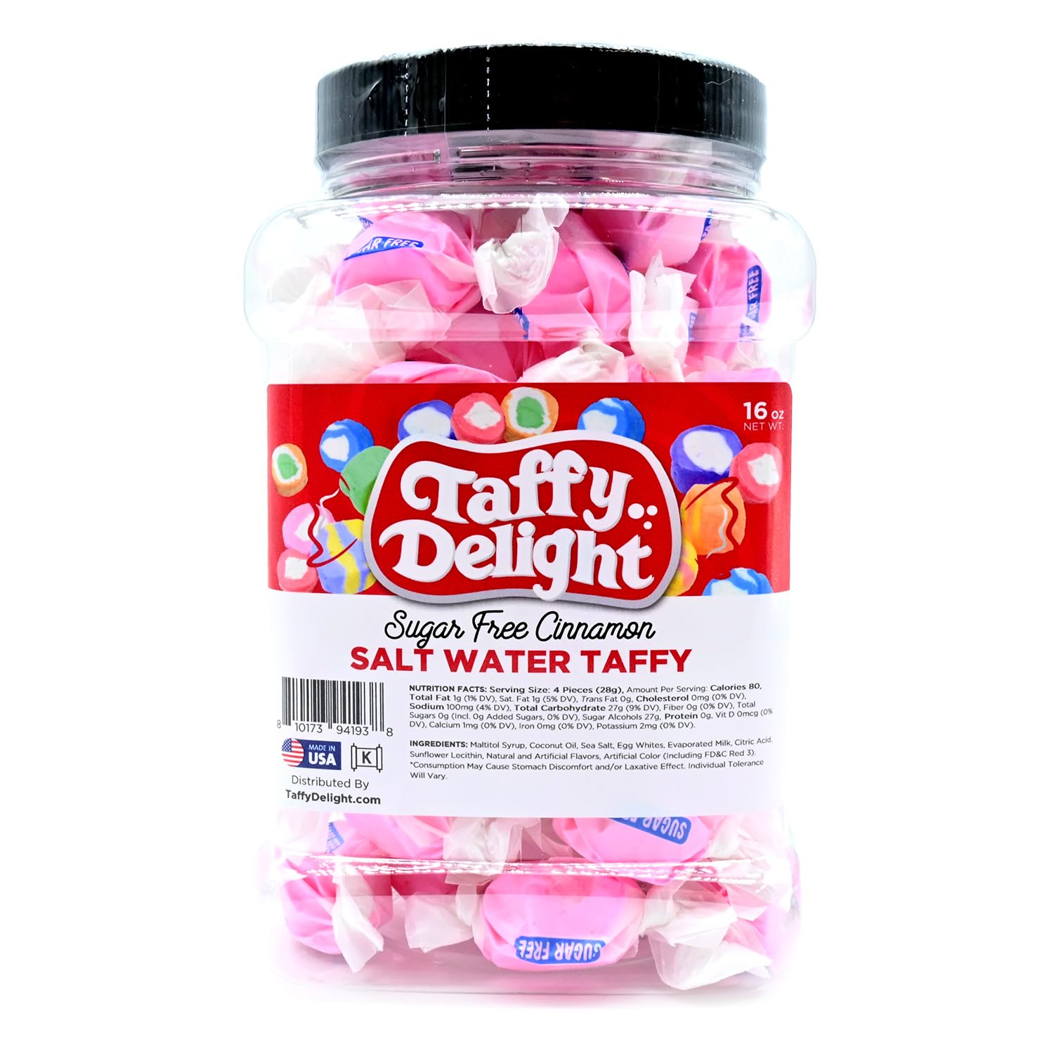 Taffy Delight Sugar Free Cinnamon Salt Water Taffy 16oz Jar