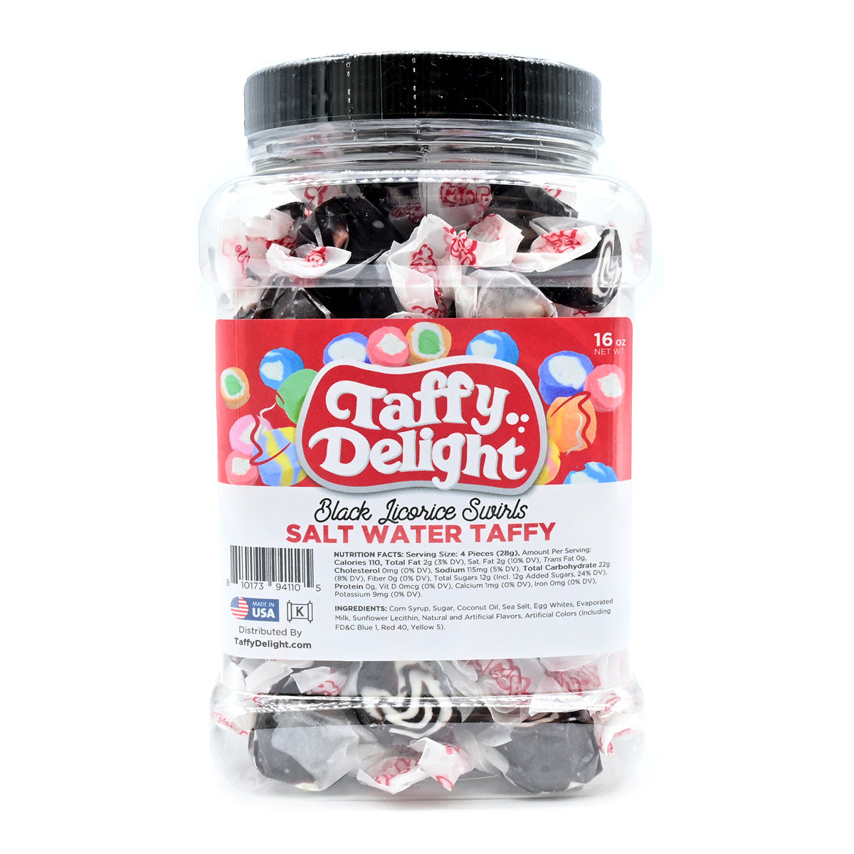 Taffy Delight Black Licorice Swirls Salt Water Taffy 16oz Jar
