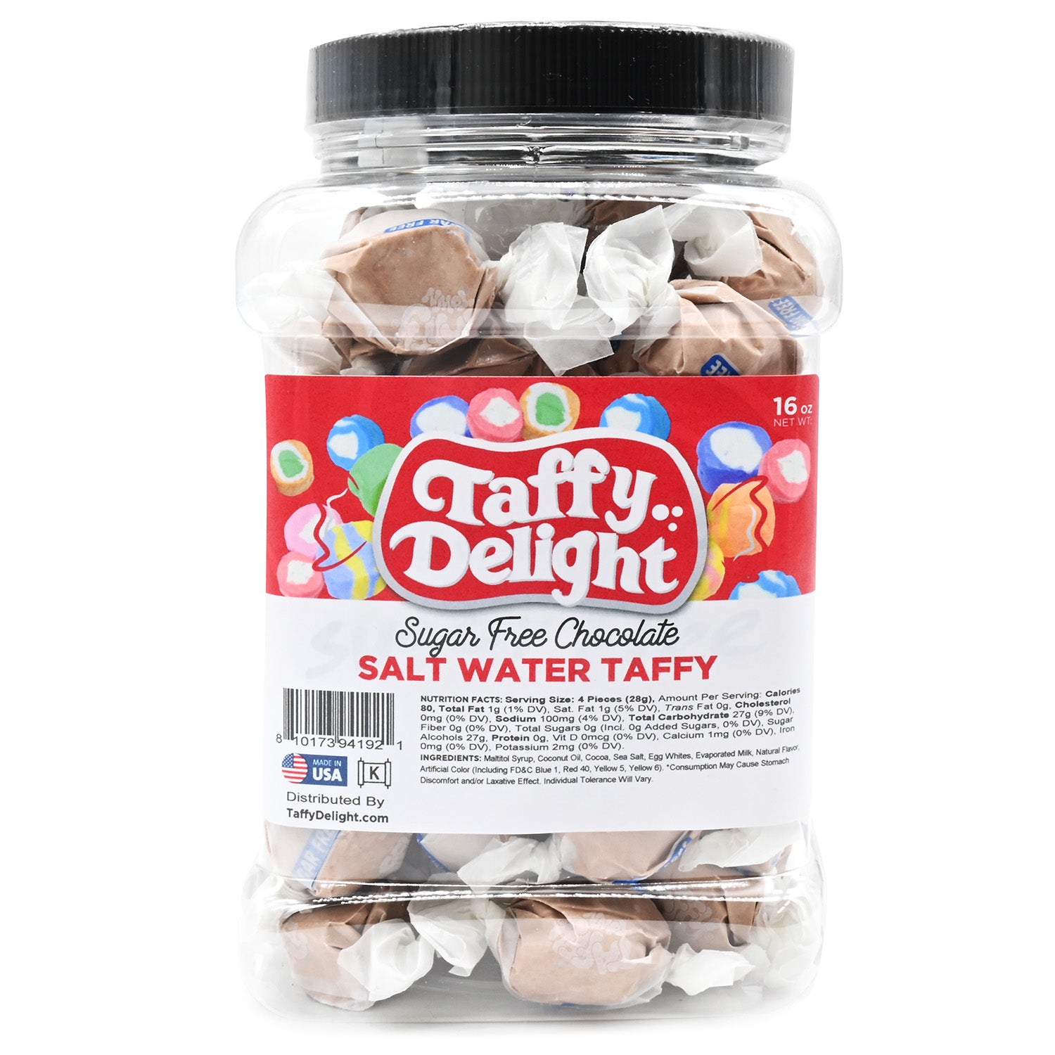 Taffy Delight Sugar Free Chocolate Salt Water Taffy 16oz Jar