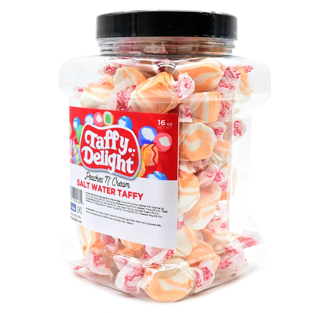 Taffy Delight Peaches n Cream Flavored Salt Water Taffy 16oz Jar