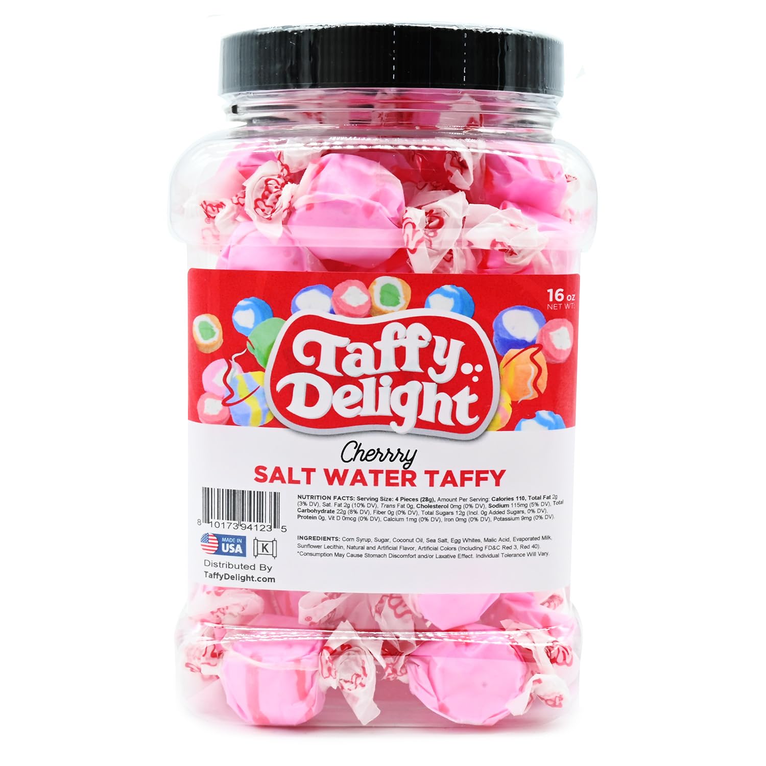 Taffy Delight Cherry Salt Water Taffy 16oz Jar