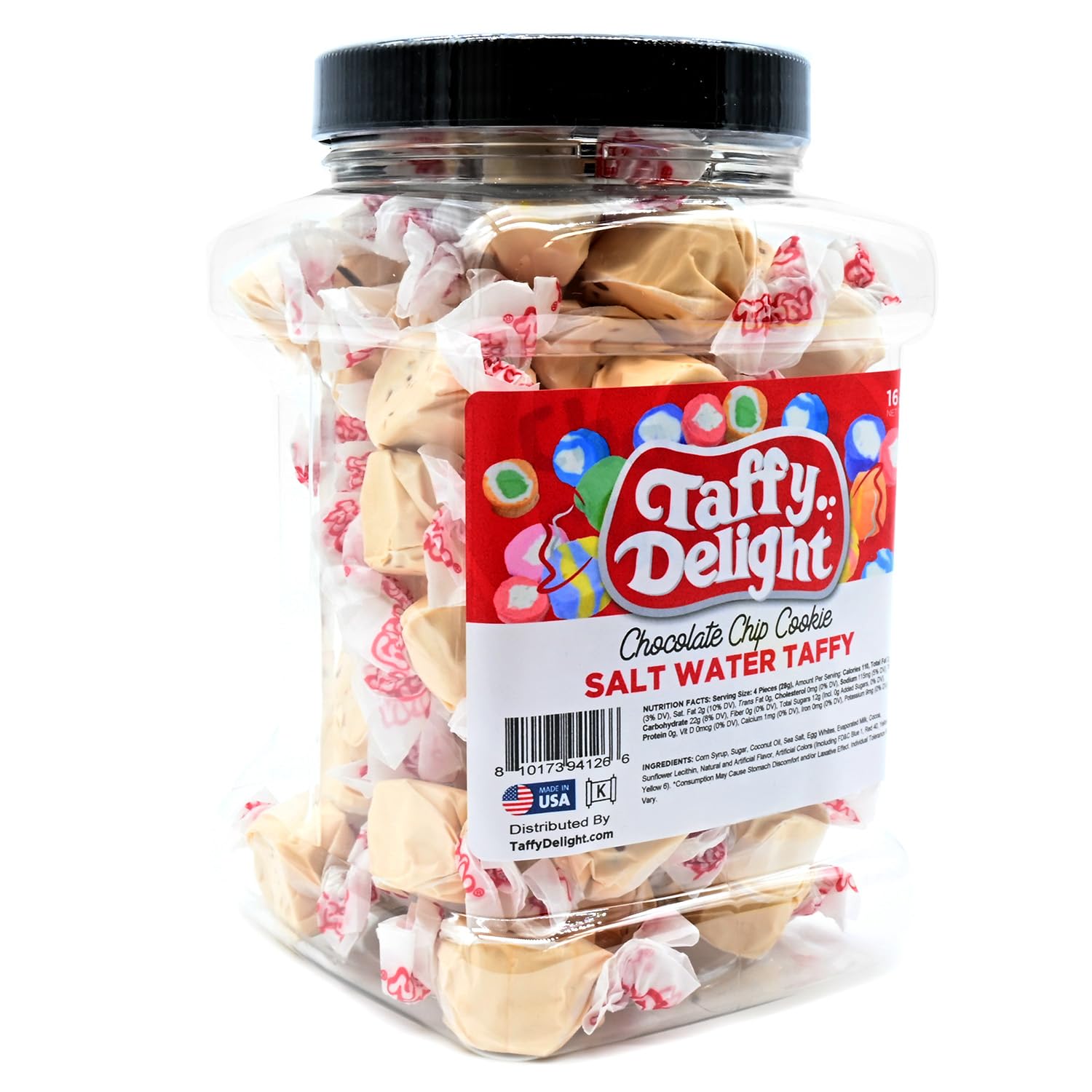 Taffy Delight Chocolate Chip Cookie Salt Water Taffy 16oz Jar