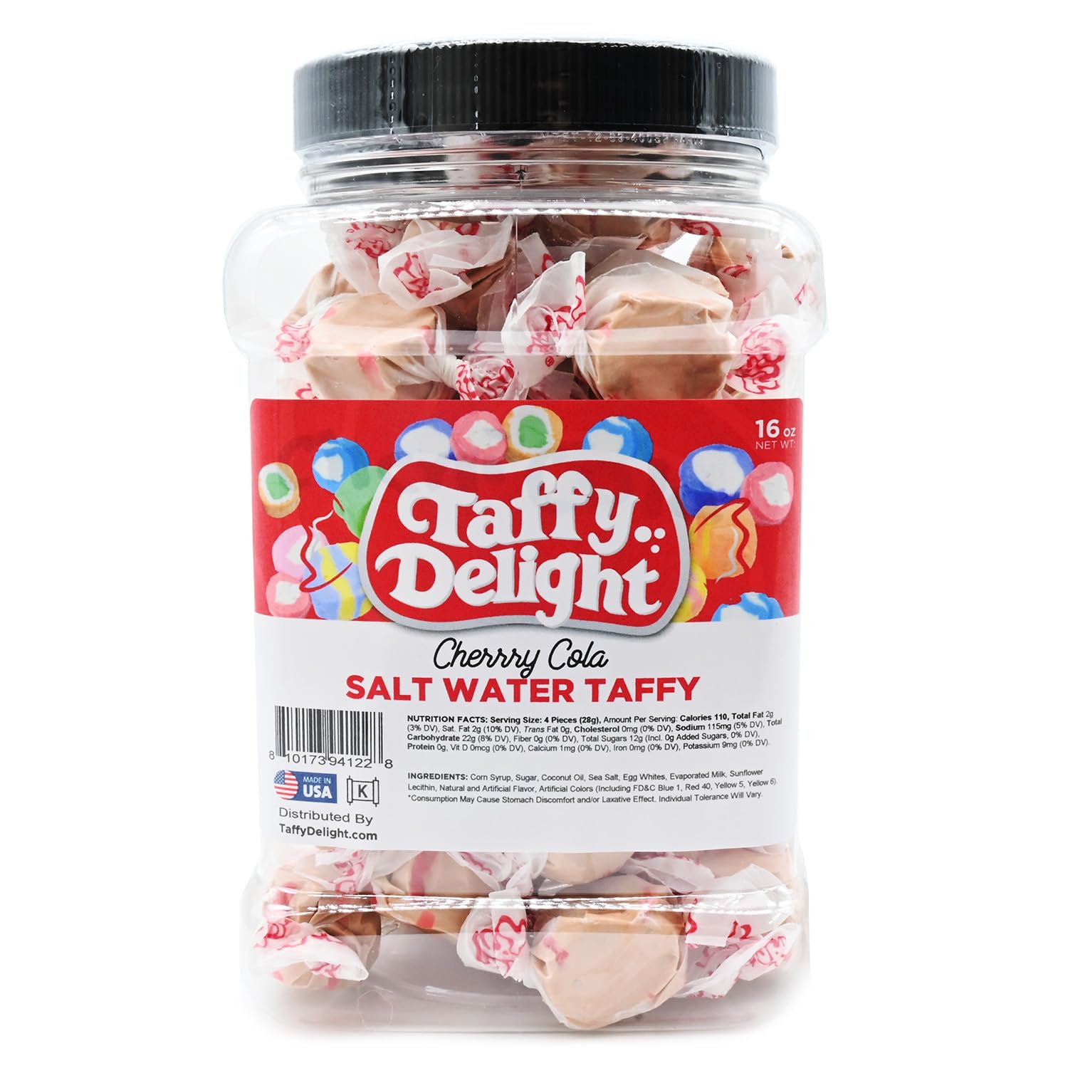 Taffy Delight Cherry Cola Salt Water Taffy 16oz Jar