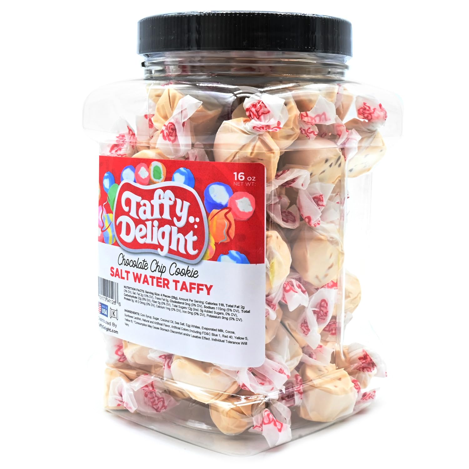 Taffy Delight Chocolate Chip Cookie Salt Water Taffy 16oz Jar