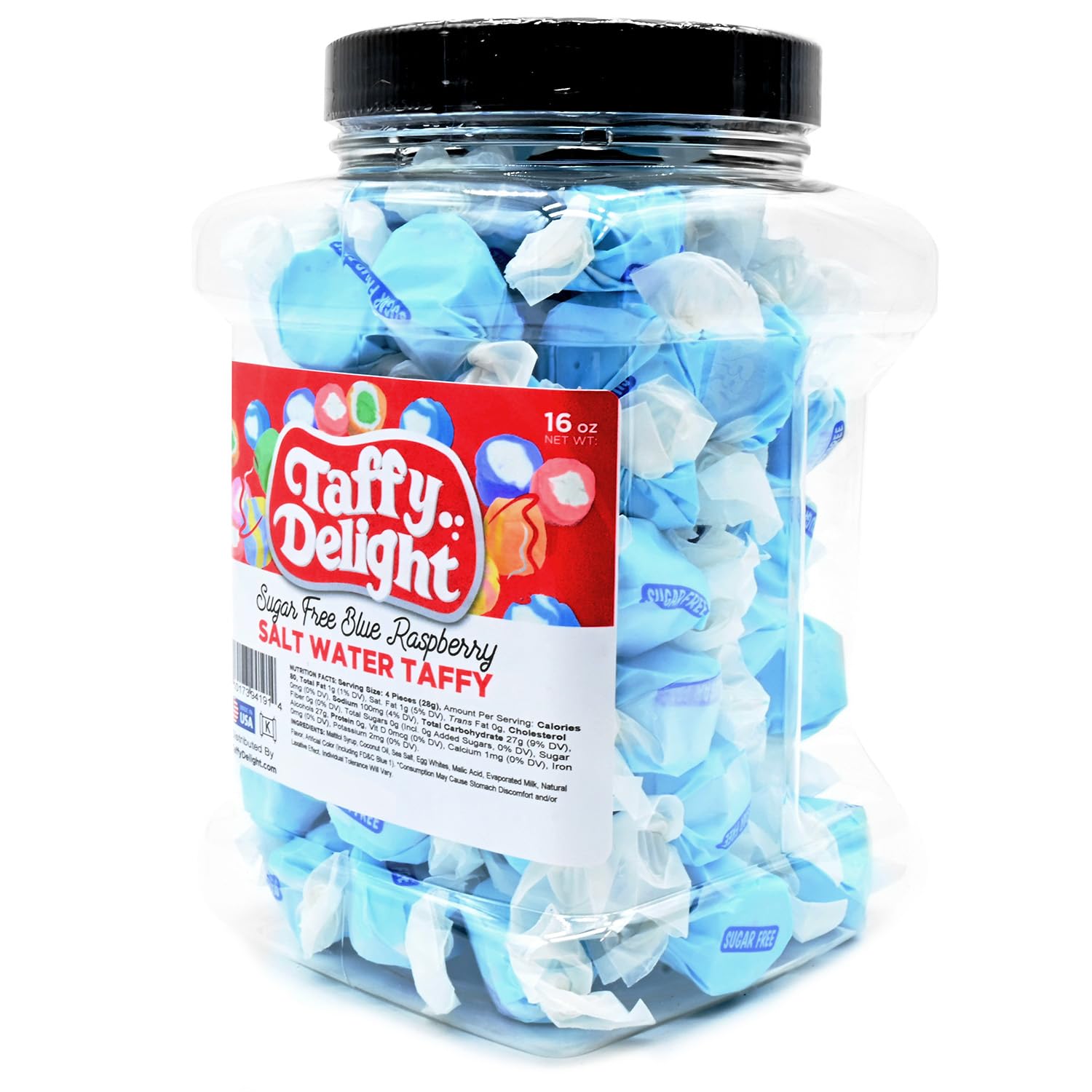 Taffy Delight Sugar Free Blue Raspberry Salt Water Taffy 16oz Jar