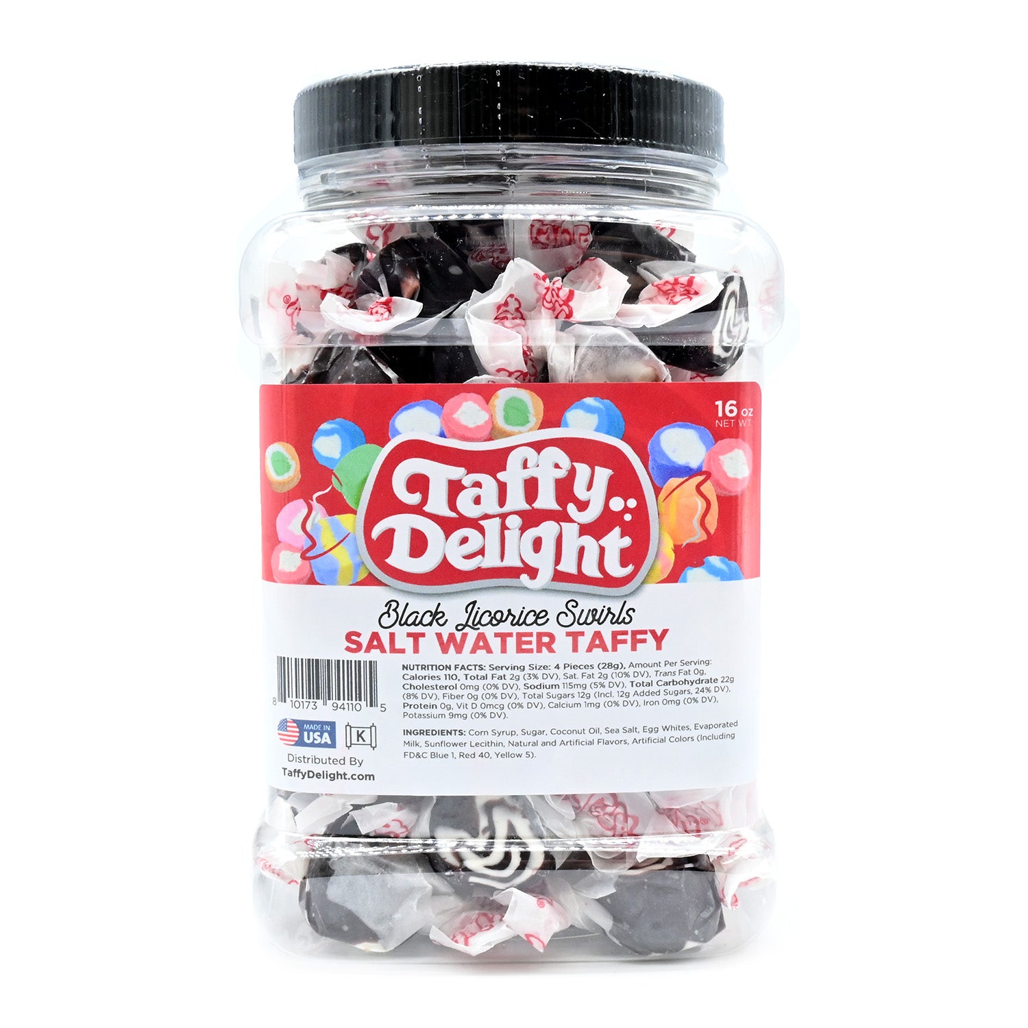 Taffy Delight Black Licorice Swirls Salt Water Taffy 16oz Jar