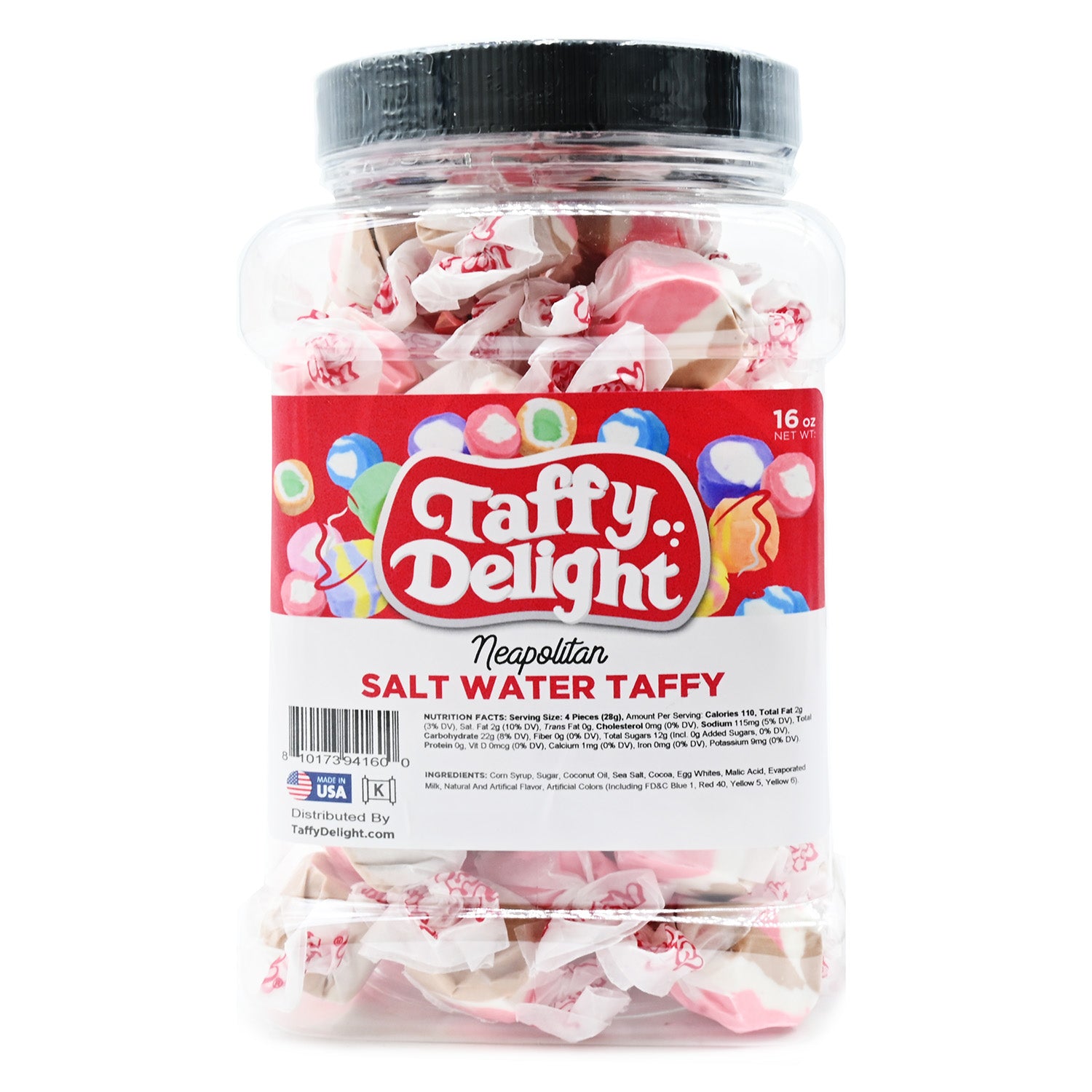 Taffy Delight Neapolitan Salt Water Taffy 16oz Jar